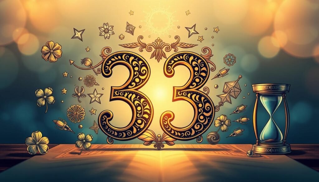 A visually captivating composition illustrating the meaning of the number 33, centered in the foreground. The number "33" is intricately designed with ornate patterns, symbolizing its historical and spiritual significance. Surrounding it, various elements representing luck and spirituality, such as a four-leaf clover, a celestial star, and an hourglass, are artistically integrated. In the middle background, a soft, ethereal glow emanates, symbolizing enlightenment and positivity. The overall color palette features soothing blues and golds, suggesting tranquility and hope. The lighting is warm and inviting, cast from an overhead source, creating soft shadows that add depth. Capture the scene from a slightly elevated angle, creating an intimate and contemplative atmosphere, evoking curiosity and wonder about the symbolism of the number 33. A visually captivating composition illustrating the meaning of the number 33, centered in the foreground. The number "33" is intricately designed with ornate patterns, symbolizing its historical and spiritual significance. Surrounding it, various elements representing luck and spirituality, such as a four-leaf clover, a celestial star, and an hourglass, are artistically integrated. In the middle background, a soft, ethereal glow emanates, symbolizing enlightenment and positivity. The overall color palette features soothing blues and golds, suggesting tranquility and hope. The lighting is warm and inviting, cast from an overhead source, creating soft shadows that add depth. Capture the scene from a slightly elevated angle, creating an intimate and contemplative atmosphere, evoking curiosity and wonder about the symbolism of the number 33.