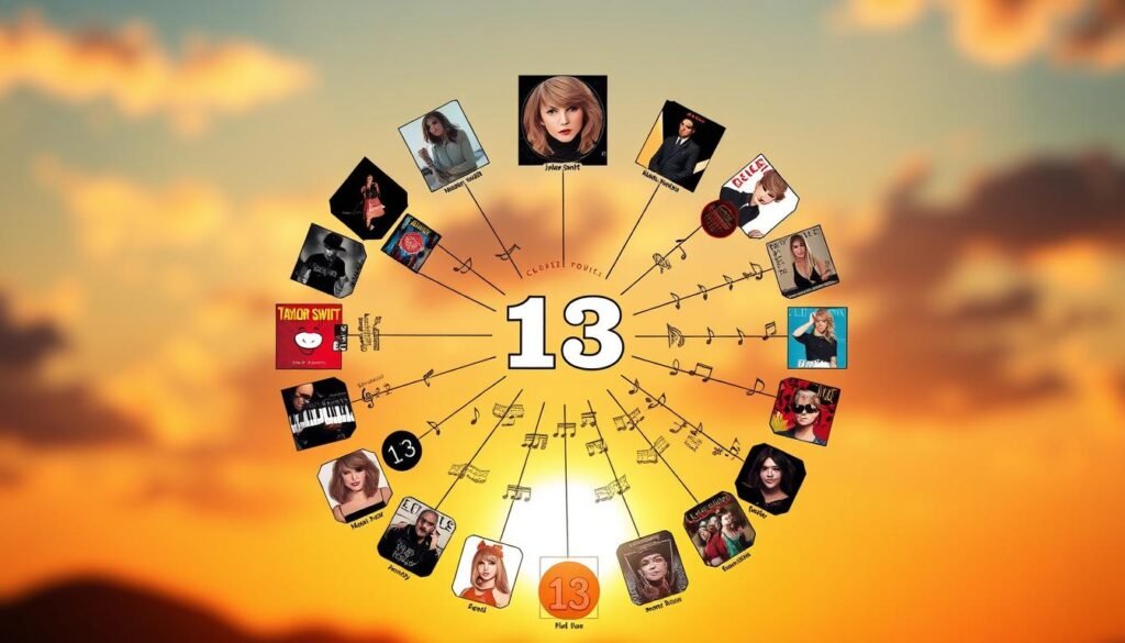A visually captivating diagram illustrating the connections of Taylor Swift's music career centered around the number 13. In the foreground, a stylized representation of her albums arranged in a circular formation, each cover art featuring elements related to the number 13, like hidden 13s or thematic symbols. The middle layer shows branching lines connecting her collaborations with various artists, with musical notes and small icons representing genres and themes. In the background, a soft gradient sunset lighting creates a warm, nostalgic ambiance that symbolizes her journey through music. Use a lens that gives a slight depth of field, enhancing the focus on the foreground while gently blurring the background, evoking a sense of wonder and exploration. The overall mood is celebratory, reflecting her achievements and personal connection to the number 13.