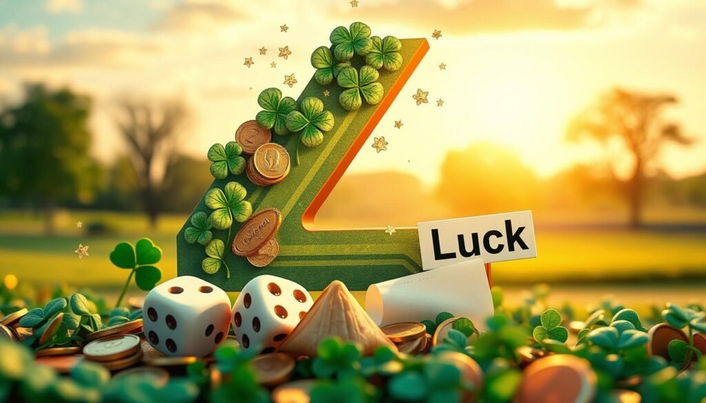 A visually captivating digital collage that illustrates the concept of luck associated with the number 4. In the foreground, depict a large, bold number 4 embellished with four-leaf clovers, coins, and small, shimmering stars to signify good fortune. In the middle ground, incorporate elements such as dice showing four and a fortune cookie partially open with a slip of paper reading "Luck" peeking out. The background should feature a tranquil landscape, perhaps a serene park with a soft sunset glow, bathing the scene in warm golden light. Use a slightly blurred depth of field to draw focus to the foreground elements while ensuring a harmonious color palette, emphasizing greens, golds, and whites. The overall mood should be uplifting and hopeful, evoking curiosity about the concept of luck. A visually captivating digital collage that illustrates the concept of luck associated with the number 4. In the foreground, depict a large, bold number 4 embellished with four-leaf clovers, coins, and small, shimmering stars to signify good fortune. In the middle ground, incorporate elements such as dice showing four and a fortune cookie partially open with a slip of paper reading "Luck" peeking out. The background should feature a tranquil landscape, perhaps a serene park with a soft sunset glow, bathing the scene in warm golden light. Use a slightly blurred depth of field to draw focus to the foreground elements while ensuring a harmonious color palette, emphasizing greens, golds, and whites. The overall mood should be uplifting and hopeful, evoking curiosity about the concept of luck.