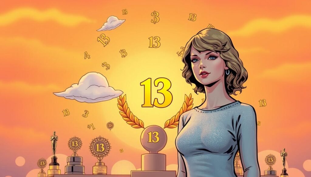 A visually captivating illustration featuring Taylor Swift, symbolizing her connection with the number 13. In the foreground, a stylized statue of Taylor Swift stands gracefully, dressed in elegant professional attire with a subtle sparkle, embodying her musical essence. Surrounding her are intricate elements representing awards she has won, such as small golden statuettes and laurel wreaths, each prominently displaying the number 13. In the middle layer, whimsical numerological symbols and dreamy clouds float around her, merging sentiments of luck and destiny. The background is a soft, ethereal blend of sunset hues, creating a warm, uplifting atmosphere. Soft lighting highlights the statue's details, while the camera angle emphasizes her poised stance against the backdrop, evoking a sense of admiration and inspiration. The entire scene radiates the magic of Taylor Swift's journey and her special bond with the number 13.