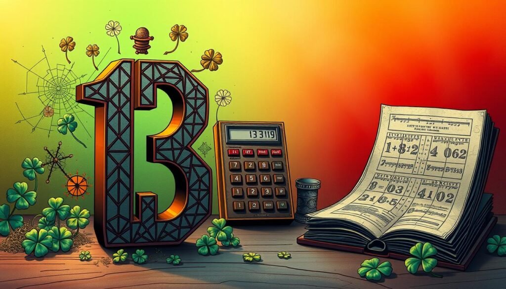 A visually captivating illustration focusing on the number 13, blending its mathematical significance with cultural interpretations. In the foreground, a large, bold number 13 made of intricate geometric shapes, surrounded by various symbols representing luck and superstition, like four-leaf clovers and broken mirrors. In the middle ground, a depiction of a classic calculator and ancient manuscripts showing numerical patterns, hinting at the mathematical properties of 13—like its status as a prime number. The background features a gradient that transitions from vibrant green to deep red, evoking both good and bad luck. Soft, diffused lighting casts a warm glow over the scene, creating an intriguing and thought-provoking atmosphere. The composition is balanced, inviting the viewer to reflect on the duality of the number 13 in society. A visually captivating illustration focusing on the number 13, blending its mathematical significance with cultural interpretations. In the foreground, a large, bold number 13 made of intricate geometric shapes, surrounded by various symbols representing luck and superstition, like four-leaf clovers and broken mirrors. In the middle ground, a depiction of a classic calculator and ancient manuscripts showing numerical patterns, hinting at the mathematical properties of 13—like its status as a prime number. The background features a gradient that transitions from vibrant green to deep red, evoking both good and bad luck. Soft, diffused lighting casts a warm glow over the scene, creating an intriguing and thought-provoking atmosphere. The composition is balanced, inviting the viewer to reflect on the duality of the number 13 in society.
