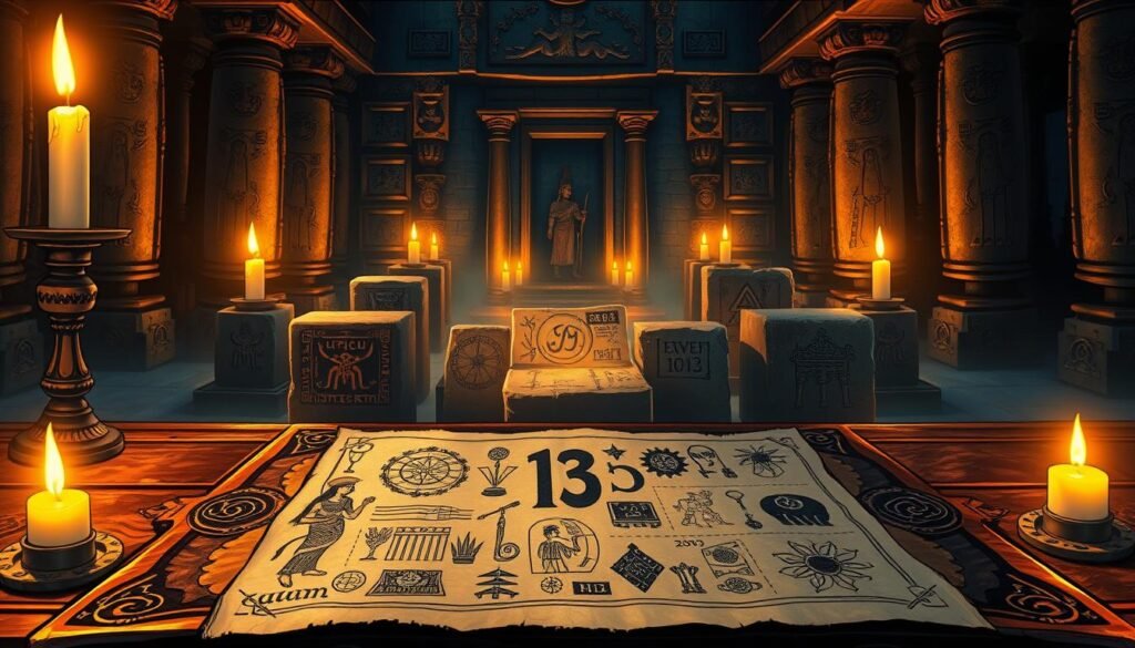 A visually captivating illustration representing the historical origins of the number 13, prominently featuring ancient symbols and artifacts. In the foreground, an ornate wooden table showcases a historical parchment with various numerological symbols and illustrations of deities associated with the number 13, such as a goddess or figure adorned with plants and geometric patterns. The middle ground includes stone tablets etched with ancient scripts, surrounded by flickering candlelight that casts soft shadows, creating a mystical ambiance. In the background, a dimly lit ancient temple or shrine serves as a backdrop, its walls adorned with intricate carvings and hieroglyphs. The overall mood is contemplative and reverent, with warm golden hues contrasting against deeper shadows, evoking a sense of exploration into the depths of history and belief surrounding the number 13. A visually captivating illustration representing the historical origins of the number 13, prominently featuring ancient symbols and artifacts. In the foreground, an ornate wooden table showcases a historical parchment with various numerological symbols and illustrations of deities associated with the number 13, such as a goddess or figure adorned with plants and geometric patterns. The middle ground includes stone tablets etched with ancient scripts, surrounded by flickering candlelight that casts soft shadows, creating a mystical ambiance. In the background, a dimly lit ancient temple or shrine serves as a backdrop, its walls adorned with intricate carvings and hieroglyphs. The overall mood is contemplative and reverent, with warm golden hues contrasting against deeper shadows, evoking a sense of exploration into the depths of history and belief surrounding the number 13.