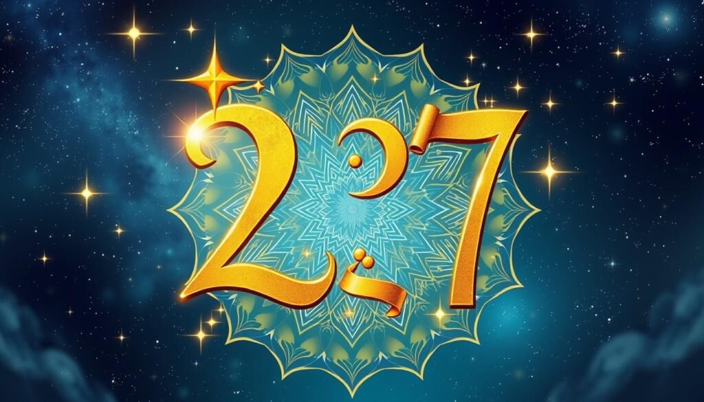 A visually captivating illustration representing the significance of the number 27 in numerology. In the foreground, prominently feature an ornate golden number "27" surrounded by shimmering stars and mystical symbols, such as a crescent moon and an ancient scroll. The middle ground showcases a softly glowing mandala pattern, symbolizing harmony and balance, with hues of deep blue and rich gold. In the background, create a tranquil night sky filled with twinkling stars, enhancing the mystical ambiance. Use soft, ethereal lighting to create a dreamlike atmosphere, with a focus on the number 27 as the central point of interest. The overall mood should evoke a sense of wonder and spirituality, inviting contemplation about the cultural roots and stories connected to this powerful number. A visually captivating illustration representing the significance of the number 27 in numerology. In the foreground, prominently feature an ornate golden number "27" surrounded by shimmering stars and mystical symbols, such as a crescent moon and an ancient scroll. The middle ground showcases a softly glowing mandala pattern, symbolizing harmony and balance, with hues of deep blue and rich gold. In the background, create a tranquil night sky filled with twinkling stars, enhancing the mystical ambiance. Use soft, ethereal lighting to create a dreamlike atmosphere, with a focus on the number 27 as the central point of interest. The overall mood should evoke a sense of wonder and spirituality, inviting contemplation about the cultural roots and stories connected to this powerful number.