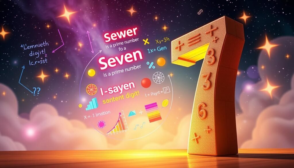 A visually captivating illustration showcasing the significance of the number seven in mathematics. In the foreground, a large, three-dimensional number "7" is presented, embellished with mathematical symbols like addition, subtraction, multiplication, and division. The middle layer features vibrant mathematical facts, such as "Seven is a prime number" and "Seventh significant digit," artistically swirling around the number, illustrated with colorful graphs and equations. The background is a dreamy, abstract representation of the cosmos, filled with stars and glowing hints of seven celestial bodies to suggest luck and mystery. Soft, ethereal lighting bathes the scene, creating a whimsical atmosphere that invites curiosity and wonder. The composition is presented from a slight low-angle perspective, enhancing the number's prominence and making it a focal point of intrigue. A visually captivating illustration showcasing the significance of the number seven in mathematics. In the foreground, a large, three-dimensional number "7" is presented, embellished with mathematical symbols like addition, subtraction, multiplication, and division. The middle layer features vibrant mathematical facts, such as "Seven is a prime number" and "Seventh significant digit," artistically swirling around the number, illustrated with colorful graphs and equations. The background is a dreamy, abstract representation of the cosmos, filled with stars and glowing hints of seven celestial bodies to suggest luck and mystery. Soft, ethereal lighting bathes the scene, creating a whimsical atmosphere that invites curiosity and wonder. The composition is presented from a slight low-angle perspective, enhancing the number's prominence and making it a focal point of intrigue.