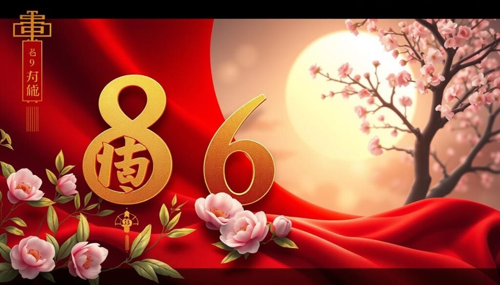 A visually captivating illustration showcasing various lucky numbers in Chinese culture, including 8, 6, and 9. In the foreground, intricately designed Chinese numeral calligraphy, adorned with gold accents, elegantly sprawls across a traditional red silk background. In the middle ground, include symbolic images that resonate with each number, such as bamboo for 8, which symbolizes prosperity, and peonies for 6, representing good fortune. In the background, a subtle depiction of a serene Chinese landscape with soft, warm lighting filtering through delicate cherry blossom trees enhances the atmosphere. The composition should evoke a sense of harmony and auspiciousness, with gentle bokeh effects creating depth, as if inviting viewers into a realm of cultural significance and positivity.