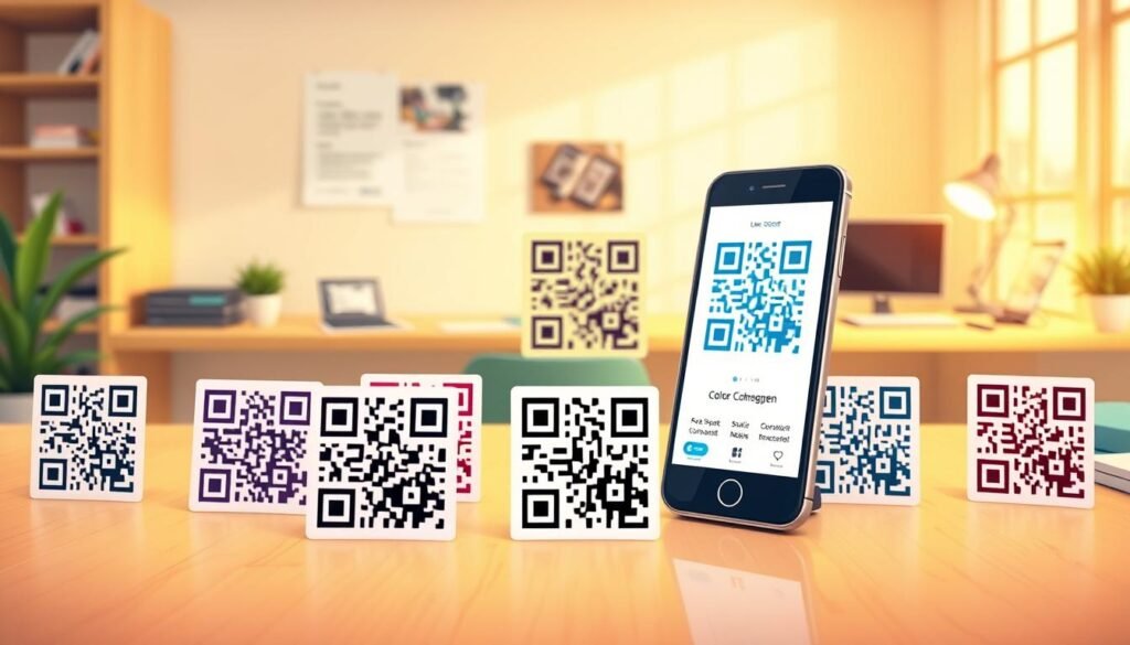 A visually captivating illustration showcasing various types of QR codes displayed on a light wooden desk. In the foreground, have different styles of QR codes including dynamic, static, vector, and personalized designs, each with unique colors and applications (like links, contact info, and social media). In the middle ground, an elegant smartphone scans one of the vibrant QR codes, its screen glowing softly, reflecting the codes. In the background, a bright, modern workspace features subtle hints of technology, such as laptops and design tools, enhancing the tech-savvy feel. Use warm, soft lighting to create an inviting and professional atmosphere, emphasizing innovation and creativity. Capture this scene from a slightly elevated angle, focusing on the interaction between the QR codes and the smartphone. The mood is inspired and productive, perfect for illustrating the diverse capabilities of QR code generation. A visually captivating illustration showcasing various types of QR codes displayed on a light wooden desk. In the foreground, have different styles of QR codes including dynamic, static, vector, and personalized designs, each with unique colors and applications (like links, contact info, and social media). In the middle ground, an elegant smartphone scans one of the vibrant QR codes, its screen glowing softly, reflecting the codes. In the background, a bright, modern workspace features subtle hints of technology, such as laptops and design tools, enhancing the tech-savvy feel. Use warm, soft lighting to create an inviting and professional atmosphere, emphasizing innovation and creativity. Capture this scene from a slightly elevated angle, focusing on the interaction between the QR codes and the smartphone. The mood is inspired and productive, perfect for illustrating the diverse capabilities of QR code generation.
