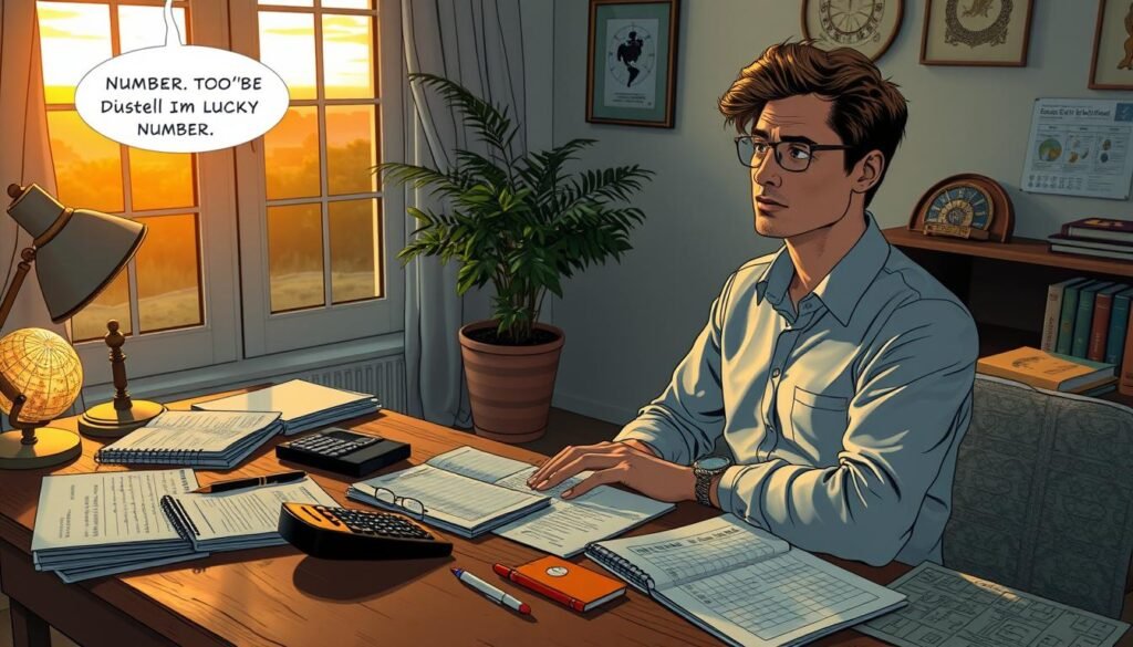 A visually captivating image depicting a person in a cozy, softly lit room, engaged in a reflective process of discovering their lucky number using their date of birth and name. In the foreground, the individual, dressed in casual yet professional attire, sits at a wooden desk strewn with notebooks, a calculator, and astrological charts. The middle ground features an illuminated globe and a potted plant, adding a touch of warmth and life. In the background, a window reveals a serene sunset, casting gentle, golden hues into the room. The atmosphere should be calm and introspective, inviting the viewer into the personal journey of numerology discovery, with a focus on the concept of luck and personal significance. The image should be well-composed, with natural lighting and focusing on the subject's thoughtful expression.