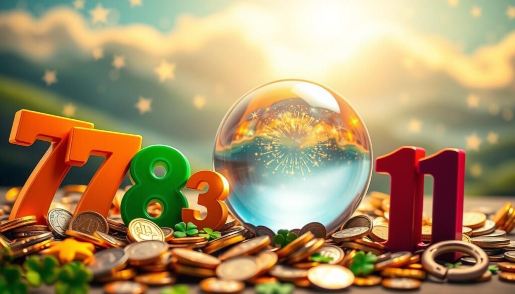 A visually captivating image depicting the concept of "lucky numbers and beliefs." In the foreground, a collection of colorful, oversized numbers (like 7, 8, 3, and 11) surrounded by shimmering coins and small trinkets such as four-leaf clovers and horseshoes, which symbolize luck. The middle ground features a semi-transparent crystal ball with a subtle glow, casting reflections of the numbers. In the background, a softly blurred mystical landscape with starry skies and gentle clouds that evoke a sense of wonder and belief. Utilize warm, inviting lighting to create a hopeful atmosphere, shot from a slightly elevated angle to encompass all elements. The image should convey a sense of magic and curiosity surrounding the notion of luck. A visually captivating image depicting the concept of "lucky numbers and beliefs." In the foreground, a collection of colorful, oversized numbers (like 7, 8, 3, and 11) surrounded by shimmering coins and small trinkets such as four-leaf clovers and horseshoes, which symbolize luck. The middle ground features a semi-transparent crystal ball with a subtle glow, casting reflections of the numbers. In the background, a softly blurred mystical landscape with starry skies and gentle clouds that evoke a sense of wonder and belief. Utilize warm, inviting lighting to create a hopeful atmosphere, shot from a slightly elevated angle to encompass all elements. The image should convey a sense of magic and curiosity surrounding the notion of luck.