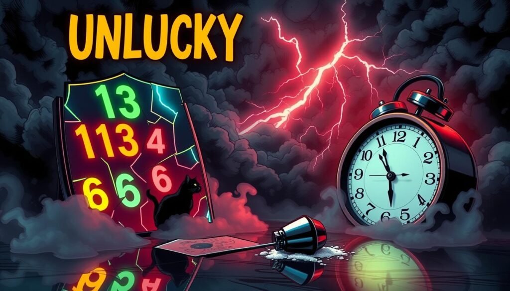 A visually captivating image illustrating unlucky numbers and their meanings, designed with vibrant symbolism. In the foreground, a broken mirror reflects numbers like 13, 4, and 666, each glowing in a distinct color. The middle ground features a dark, swirling fog that integrates symbols of bad luck, such as a black cat and a spilled salt shaker, creating a sense of unease. The background showcases a stormy sky, with flashes of lightning illuminating a clock stuck at midnight, enhancing the ominous atmosphere. Utilize dramatic lighting to cast deep shadows, emphasizing the tension between luck and misfortune. The overall mood should evoke intrigue and curiosity, drawing the viewer into the world of superstition surrounding these numbers. A visually captivating image illustrating unlucky numbers and their meanings, designed with vibrant symbolism. In the foreground, a broken mirror reflects numbers like 13, 4, and 666, each glowing in a distinct color. The middle ground features a dark, swirling fog that integrates symbols of bad luck, such as a black cat and a spilled salt shaker, creating a sense of unease. The background showcases a stormy sky, with flashes of lightning illuminating a clock stuck at midnight, enhancing the ominous atmosphere. Utilize dramatic lighting to cast deep shadows, emphasizing the tension between luck and misfortune. The overall mood should evoke intrigue and curiosity, drawing the viewer into the world of superstition surrounding these numbers.