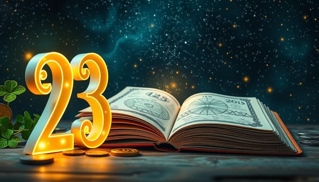 A visually captivating image representing the significance of the number 23 in numerology. In the foreground, a large, ornate number '23' glows softly, surrounded by symbols of luck like four-leaf clovers and ancient coins. In the middle ground, a mystical open book displays numerological diagrams and illustrations, with gentle, shimmering light emanating from its pages, symbolizing wisdom and insight. The background features a starry night sky filled with constellations, hinting at the cosmos and mysticism. The scene is illuminated by a warm, ethereal glow, creating an inviting and enchanting atmosphere. The perspective is slightly angled as if looking through a magical lens, invoking a sense of wonder and curiosity about the mysteries behind the number 23. A visually captivating image representing the significance of the number 23 in numerology. In the foreground, a large, ornate number '23' glows softly, surrounded by symbols of luck like four-leaf clovers and ancient coins. In the middle ground, a mystical open book displays numerological diagrams and illustrations, with gentle, shimmering light emanating from its pages, symbolizing wisdom and insight. The background features a starry night sky filled with constellations, hinting at the cosmos and mysticism. The scene is illuminated by a warm, ethereal glow, creating an inviting and enchanting atmosphere. The perspective is slightly angled as if looking through a magical lens, invoking a sense of wonder and curiosity about the mysteries behind the number 23.