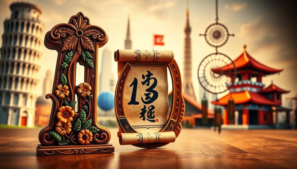 A visually captivating image showcasing the number "13" represented in various cultural artifacts. In the foreground, display a beautifully crafted wooden number "13" adorned with traditional Italian motifs, such as intricate florals and vibrant colors. In the middle, incorporate symbolic representations from other cultures, like a Chinese scroll featuring the number 13 in calligraphy, a horseshoe for luck, and a Native American dreamcatcher subtly including the number in its design. The background should feature a softly blurred collage of global landmarks, like the Leaning Tower of Pisa and a Chinese pagoda, giving context to the cultural significance. The lighting should be warm and inviting, creating a reflective mood. Use a wide-angle lens to capture the essence and diversity of interpretations of the number, ensuring the focus remains on the number "13".