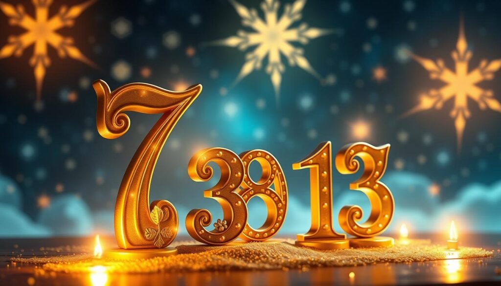 A visually captivating representation of famous lucky numbers, featuring a mystical ambiance. In the foreground, a large, ornate golden number “7” is surrounded by smaller numbers “3”, “8”, and “13”, each embellished with cultural symbols or items representing their significance, like a four-leaf clover for “3” and a horseshoe for “7”. The middle ground showcases a glowing, enchanted landscape with soft, ethereal lighting, creating a warm and inviting atmosphere. The background consists of a starry night sky with twinkling stars, conveying a sense of wonder and fortune. The image should have a slightly blurred effect in the background to draw attention to the numbers in the foreground, captured from a slightly low angle to make them appear larger-than-life. The overall mood is magical and inspiring, evoking feelings of hope and luck. A visually captivating representation of famous lucky numbers, featuring a mystical ambiance. In the foreground, a large, ornate golden number “7” is surrounded by smaller numbers “3”, “8”, and “13”, each embellished with cultural symbols or items representing their significance, like a four-leaf clover for “3” and a horseshoe for “7”. The middle ground showcases a glowing, enchanted landscape with soft, ethereal lighting, creating a warm and inviting atmosphere. The background consists of a starry night sky with twinkling stars, conveying a sense of wonder and fortune. The image should have a slightly blurred effect in the background to draw attention to the numbers in the foreground, captured from a slightly low angle to make them appear larger-than-life. The overall mood is magical and inspiring, evoking feelings of hope and luck.