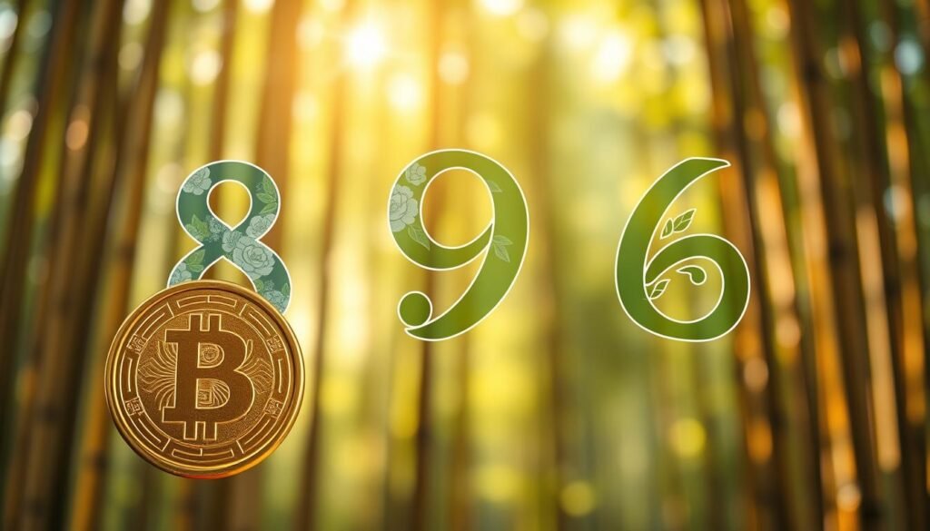 A visually captivating representation of key lucky numbers in Chinese culture, featuring prominent symbols like the number 8, which is traditionally associated with wealth, depicted in a gold hue. Surround it with the number 9, symbolizing harmony, displayed with serene blue tones and delicate floral patterns. Include the number 6, conveying smooth progress, illustrated with a gentle green backdrop. In the foreground, a traditional Chinese coin is shown, symbolizing prosperity. The middle ground features elegant Chinese calligraphy of the numbers, artistically styled. The background showcases a soft, blurred bamboo forest, bathed in warm sunlight, creating a peaceful atmosphere. Capture the image from a slight upward angle for an inspiring view, utilizing soft shadows to enhance depth and texture. Aim for a harmonious balance of colors to evoke a serene and auspicious mood, without any text or logos in the image.