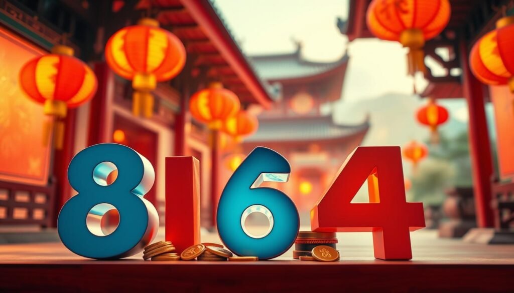A visually captivating representation of lucky and unlucky numbers in Chinese culture. In the foreground, illustrate a vibrant arrangement of numbers, emphasizing 8 as a symbol of luck with a glowing aura, surrounded by other numbers like 6 (lucky) and 4 (unlucky), artistically displayed with contrasting colors. In the middle ground, integrate traditional Chinese elements such as red lanterns and gold coins to enhance the cultural theme. The background should feature a serene, blurred temple scene, bathed in warm, soft lighting that evokes a tranquil atmosphere. Use a slightly angled perspective to create depth, ensuring a welcoming and optimistic mood throughout the composition. The image should be rich in cultural symbolism without any text or watermarks. A visually captivating representation of lucky and unlucky numbers in Chinese culture. In the foreground, illustrate a vibrant arrangement of numbers, emphasizing 8 as a symbol of luck with a glowing aura, surrounded by other numbers like 6 (lucky) and 4 (unlucky), artistically displayed with contrasting colors. In the middle ground, integrate traditional Chinese elements such as red lanterns and gold coins to enhance the cultural theme. The background should feature a serene, blurred temple scene, bathed in warm, soft lighting that evokes a tranquil atmosphere. Use a slightly angled perspective to create depth, ensuring a welcoming and optimistic mood throughout the composition. The image should be rich in cultural symbolism without any text or watermarks.