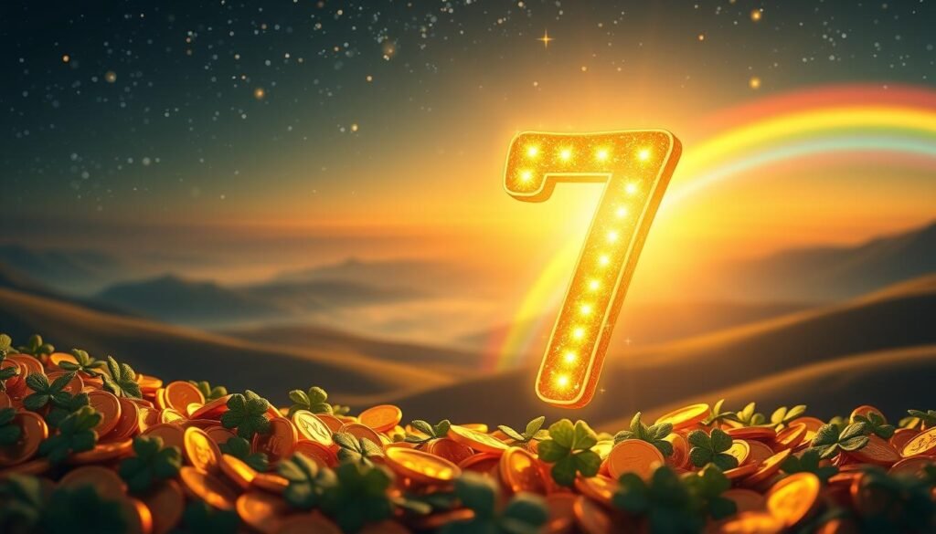 A visually captivating representation of the concept of luck, focusing on the number 7. In the foreground, a large, bright, gleaming numeral "7" surrounded by a gentle cascade of shimmering gold coins and glimmering four-leaf clovers, symbolizing luck and prosperity. In the middle ground, a serene, mystical landscape with gently rolling hills and sparkling stars in the night sky, creating an ethereal atmosphere. The background features a soft, glowing rainbow arching across the scene, adding a sense of wonder and hope. The lighting is warm and inviting, reminiscent of a twilight glow, with a shallow depth of field to emphasize the "7" as the focal point. The overall mood is enchanting, promoting a sense of curiosity and fascination around the belief in luck associated with the number 7. A visually captivating representation of the concept of luck, focusing on the number 7. In the foreground, a large, bright, gleaming numeral "7" surrounded by a gentle cascade of shimmering gold coins and glimmering four-leaf clovers, symbolizing luck and prosperity. In the middle ground, a serene, mystical landscape with gently rolling hills and sparkling stars in the night sky, creating an ethereal atmosphere. The background features a soft, glowing rainbow arching across the scene, adding a sense of wonder and hope. The lighting is warm and inviting, reminiscent of a twilight glow, with a shallow depth of field to emphasize the "7" as the focal point. The overall mood is enchanting, promoting a sense of curiosity and fascination around the belief in luck associated with the number 7.