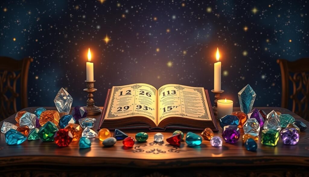 A visually captivating representation of the concept of lucky numbers and their meanings. In the foreground, display a large, ornate wooden table covered with colorful gemstones and crystals, each representing a different lucky number, engraved with symbols and meanings. In the middle, an open ancient book with beautifully illustrated pages showing each number's significance, surrounded by flickering candles that cast warm, inviting light. The background features a softly glowing celestial night sky filled with stars, symbolizing destiny and fortune. The mood should be mystical and enlightening, evoking a sense of wonder and discovery. Use soft focus to create a dreamy atmosphere, akin to a professional photograph taken with a 50mm lens in low light, emphasizing the enchanting details of the table's arrangement. A visually captivating representation of the concept of lucky numbers and their meanings. In the foreground, display a large, ornate wooden table covered with colorful gemstones and crystals, each representing a different lucky number, engraved with symbols and meanings. In the middle, an open ancient book with beautifully illustrated pages showing each number's significance, surrounded by flickering candles that cast warm, inviting light. The background features a softly glowing celestial night sky filled with stars, symbolizing destiny and fortune. The mood should be mystical and enlightening, evoking a sense of wonder and discovery. Use soft focus to create a dreamy atmosphere, akin to a professional photograph taken with a 50mm lens in low light, emphasizing the enchanting details of the table's arrangement.