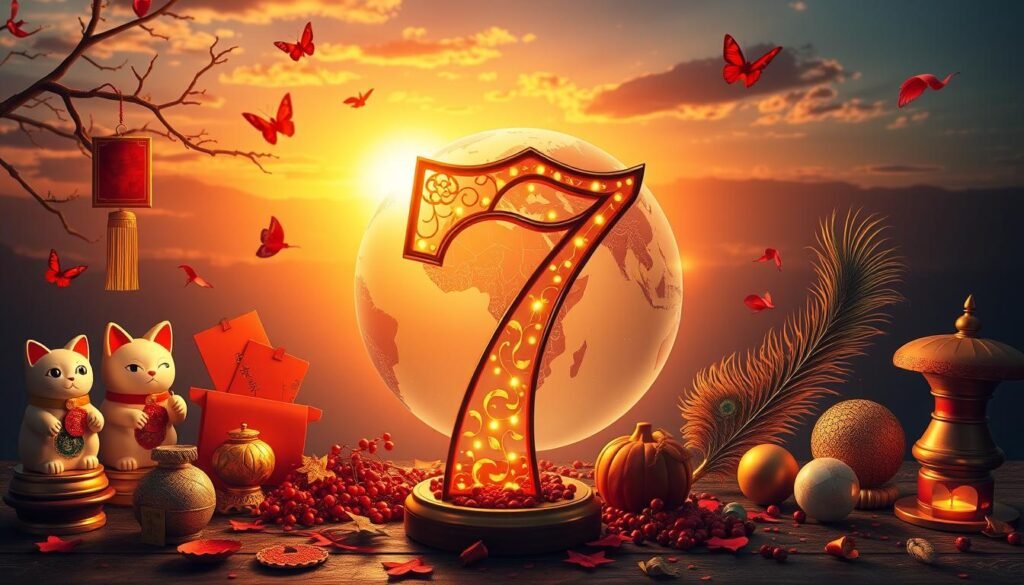 A visually captivating representation of the cultural significance of lucky numbers around the world. In the foreground, display a large, ornate number seven, beautifully illuminated with golden accents, symbolizing its popularity as a lucky number in various cultures. Surround it with traditional symbols, such as a Chinese red envelope, a Japanese Maneki-neko cat, and an Indian peacock feather, all representing different cultural beliefs associated with luck. In the middle ground, depict a softly glowing globe with regions highlighted in rich colors, showcasing different cultures and their unique lucky numbers. The background should feature a serene sunrise, casting warm light over the scene, creating an inviting and hopeful atmosphere. Use a wide-angle lens to capture the entirety of this vibrant tableau, imparting a sense of harmony and cultural richness. A visually captivating representation of the cultural significance of lucky numbers around the world. In the foreground, display a large, ornate number seven, beautifully illuminated with golden accents, symbolizing its popularity as a lucky number in various cultures. Surround it with traditional symbols, such as a Chinese red envelope, a Japanese Maneki-neko cat, and an Indian peacock feather, all representing different cultural beliefs associated with luck. In the middle ground, depict a softly glowing globe with regions highlighted in rich colors, showcasing different cultures and their unique lucky numbers. The background should feature a serene sunrise, casting warm light over the scene, creating an inviting and hopeful atmosphere. Use a wide-angle lens to capture the entirety of this vibrant tableau, imparting a sense of harmony and cultural richness.