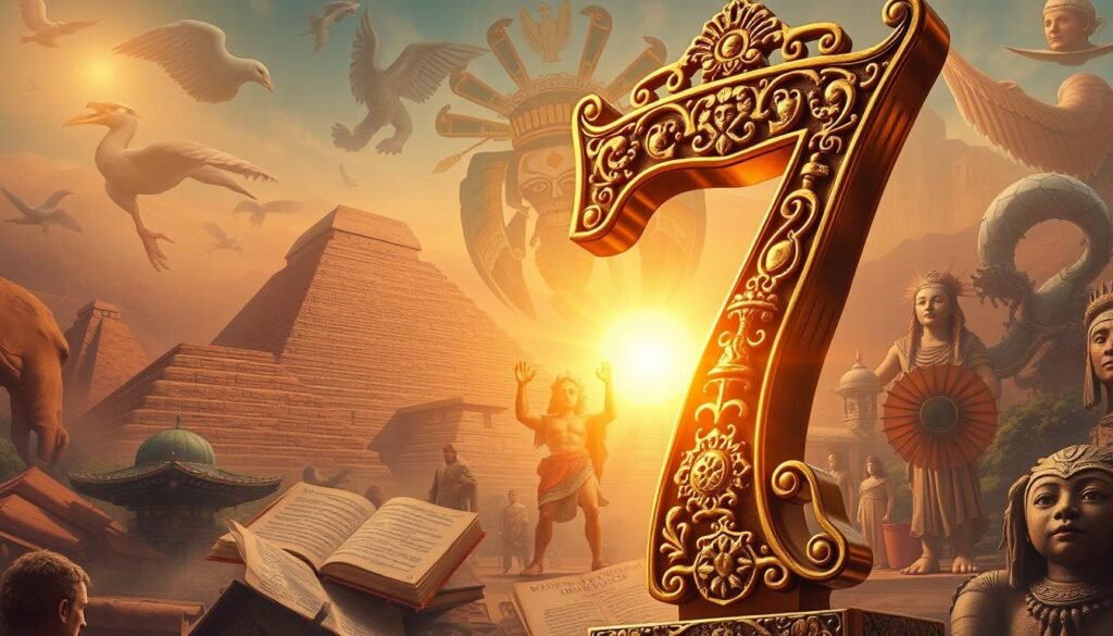 A visually captivating representation of the cultural significance of the number seven throughout history. In the foreground, a large, ornate gold number seven, intricately designed with symbols from different cultures like the seven wonders, the seven deadly sins, and the seven continents. In the middle, soft ethereal light illuminates a collage of historical artifacts and texts related to the number seven, such as ancient scrolls, Native American totems, and Japanese lucky charms. The background features a subtly blended tapestry of various landscapes to represent diverse cultures, from desert pyramids to lush forests. The atmosphere is rich and mystical, evoking a sense of wonder and reverence for the number seven. Use soft focus and warm lighting, capturing the essence of historical significance and cultural depth. A visually captivating representation of the cultural significance of the number seven throughout history. In the foreground, a large, ornate gold number seven, intricately designed with symbols from different cultures like the seven wonders, the seven deadly sins, and the seven continents. In the middle, soft ethereal light illuminates a collage of historical artifacts and texts related to the number seven, such as ancient scrolls, Native American totems, and Japanese lucky charms. The background features a subtly blended tapestry of various landscapes to represent diverse cultures, from desert pyramids to lush forests. The atmosphere is rich and mystical, evoking a sense of wonder and reverence for the number seven. Use soft focus and warm lighting, capturing the essence of historical significance and cultural depth.