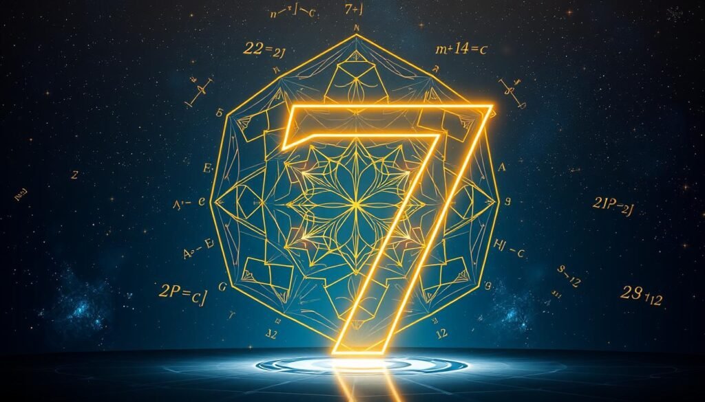 A visually captivating representation of the mathematical properties of the number seven, depicted through a stylized geometric arrangement. In the foreground, a large, luminous number "7" stands prominently, surrounded by elegant mathematical symbols and equations, glowing softly in gold and white. The middle layer features intricate fractals and patterns that illustrate the number's significance in various mathematical contexts, such as prime numbers and its role in symmetrical designs. The background is a deep cosmic blue, speckled with twinkling stars and subtle hints of light emanating from abstract shapes, creating a magical atmosphere. The scene is illuminated with gentle, ambient lighting to evoke a sense of wonder and curiosity, inviting viewers to explore the mathematical magic of the number seven. A visually captivating representation of the mathematical properties of the number seven, depicted through a stylized geometric arrangement. In the foreground, a large, luminous number "7" stands prominently, surrounded by elegant mathematical symbols and equations, glowing softly in gold and white. The middle layer features intricate fractals and patterns that illustrate the number's significance in various mathematical contexts, such as prime numbers and its role in symmetrical designs. The background is a deep cosmic blue, speckled with twinkling stars and subtle hints of light emanating from abstract shapes, creating a magical atmosphere. The scene is illuminated with gentle, ambient lighting to evoke a sense of wonder and curiosity, inviting viewers to explore the mathematical magic of the number seven.