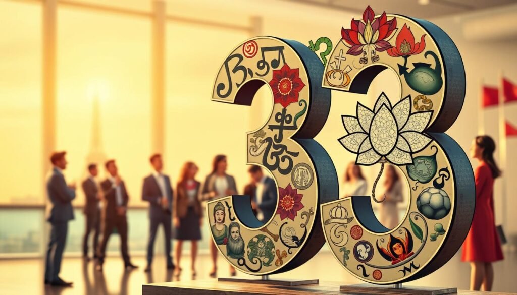 A visually captivating representation of the number "33" depicted in various cultural contexts and beliefs. In the foreground, the number "33" is artistically rendered, incorporating symbols from different cultures, such as a Hindu Om, Christian cross, and Buddhist lotus flower, intertwining around the digits. In the middle ground, diverse individuals of various ethnicities are shown in professional business attire, engaged in discussion about the significance of the number 33 in their respective cultures. The background features subtle hints of famous landmarks or symbols from different countries, softly blurred to provide depth. The lighting is warm and inviting, creating a harmonious atmosphere. The image is captured from a slightly elevated angle, giving a balanced view of the vibrant scene, while conveying a sense of unity and diversity in beliefs surrounding the number 33. A visually captivating representation of the number "33" depicted in various cultural contexts and beliefs. In the foreground, the number "33" is artistically rendered, incorporating symbols from different cultures, such as a Hindu Om, Christian cross, and Buddhist lotus flower, intertwining around the digits. In the middle ground, diverse individuals of various ethnicities are shown in professional business attire, engaged in discussion about the significance of the number 33 in their respective cultures. The background features subtle hints of famous landmarks or symbols from different countries, softly blurred to provide depth. The lighting is warm and inviting, creating a harmonious atmosphere. The image is captured from a slightly elevated angle, giving a balanced view of the vibrant scene, while conveying a sense of unity and diversity in beliefs surrounding the number 33.