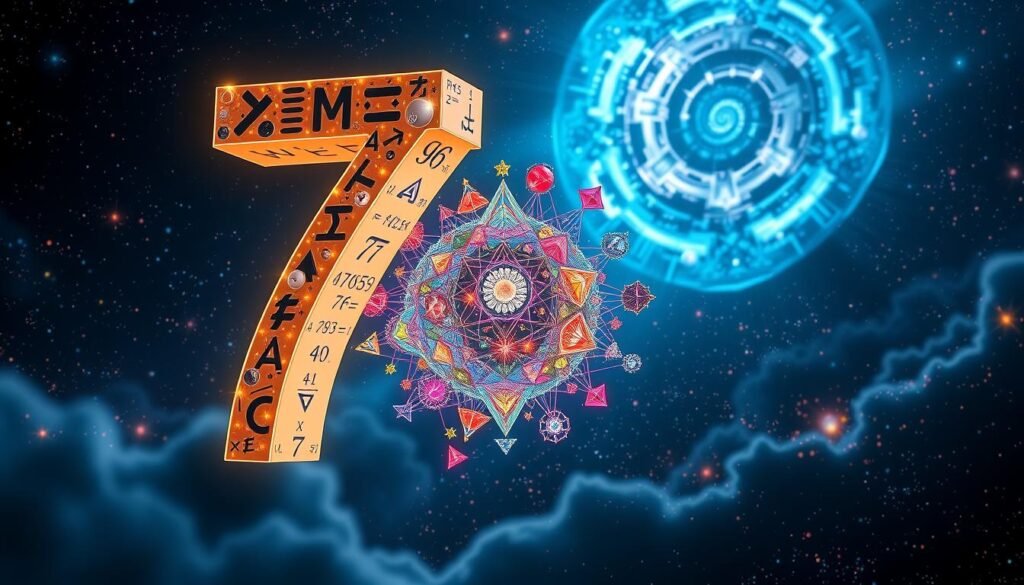 A visually captivating representation of the number seven, intricately designed to showcase its mathematical uniqueness. In the foreground, a stylized, three-dimensional numeral "7" formed from various mathematical symbols like pi, fractions, and geometric shapes, glowing softly. The middle layer features an array of colorful geometric patterns and fractals emerging from the number, illustrating its connections to geometry and probability. In the background, a dreamy cosmic landscape with swirling galaxies and star fields, symbolizing the mystique and cultural significance of the number seven. The lighting is ethereal, casting gentle highlights and shadows, creating a serene yet intriguing atmosphere. Captured from a slightly elevated angle to emphasize depth and complexity, inviting viewers to explore the unique math behind this lucky number. A visually captivating representation of the number seven, intricately designed to showcase its mathematical uniqueness. In the foreground, a stylized, three-dimensional numeral "7" formed from various mathematical symbols like pi, fractions, and geometric shapes, glowing softly. The middle layer features an array of colorful geometric patterns and fractals emerging from the number, illustrating its connections to geometry and probability. In the background, a dreamy cosmic landscape with swirling galaxies and star fields, symbolizing the mystique and cultural significance of the number seven. The lighting is ethereal, casting gentle highlights and shadows, creating a serene yet intriguing atmosphere. Captured from a slightly elevated angle to emphasize depth and complexity, inviting viewers to explore the unique math behind this lucky number.
