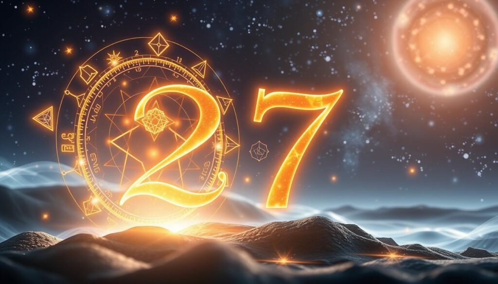A visually captivating representation of the numerological significance of the number 27. In the foreground, display the number "27" in an elegant, ornate font, shimmering with soft golden light. Surround it with symbols of numerology, such as geometric shapes and mystical diagrams, subtly glowing. In the middle ground, incorporate abstract representations of energy waves and cosmic elements, like stars and planets, blending in ethereal colors of deep blues and silvers. The background should be a serene night sky, dotted with stars and a hint of a galaxy, creating a sense of depth and infinity. Soft, ambient lighting adds a mystical glow to the entire scene, evoking a sense of wonder and discovery, while ensuring the overall mood reflects enlightenment and clarity in understanding the unique energy of the number 27. A visually captivating representation of the numerological significance of the number 27. In the foreground, display the number "27" in an elegant, ornate font, shimmering with soft golden light. Surround it with symbols of numerology, such as geometric shapes and mystical diagrams, subtly glowing. In the middle ground, incorporate abstract representations of energy waves and cosmic elements, like stars and planets, blending in ethereal colors of deep blues and silvers. The background should be a serene night sky, dotted with stars and a hint of a galaxy, creating a sense of depth and infinity. Soft, ambient lighting adds a mystical glow to the entire scene, evoking a sense of wonder and discovery, while ensuring the overall mood reflects enlightenment and clarity in understanding the unique energy of the number 27.