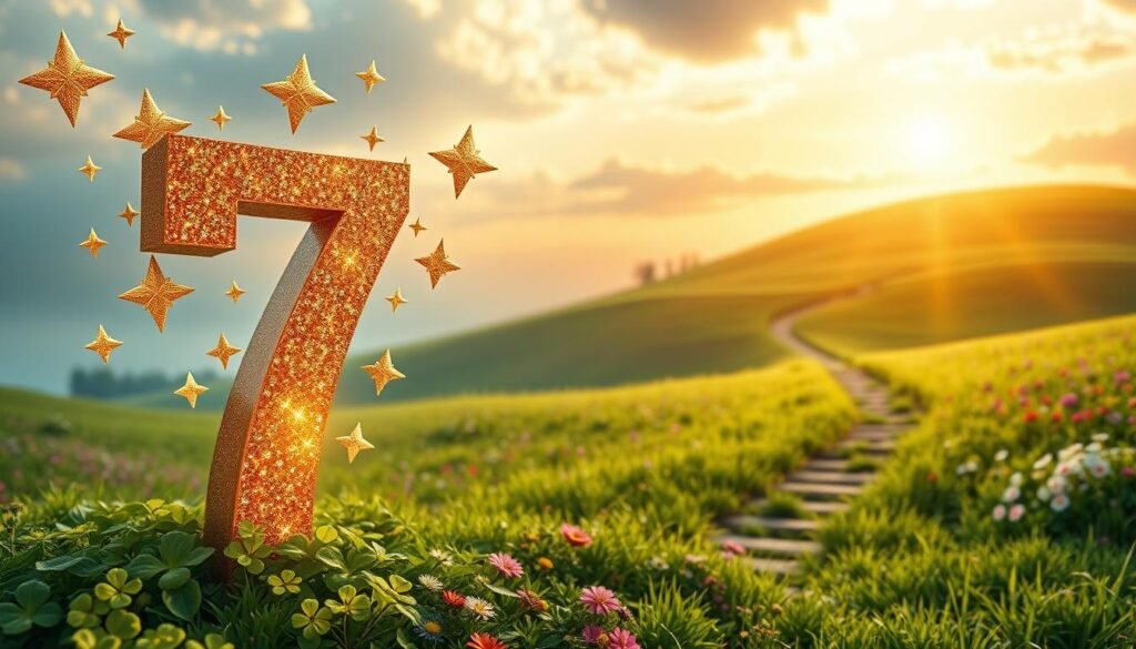 A visually captivating scene depicting the concept of a lucky number. In the foreground, a large, glistening number seven, crafted from gold and surrounded by shimmering stars and four-leaf clovers, symbolizes good fortune. In the middle ground, a serene landscape features a winding path through a lush green field dotted with colorful flowers, leading toward a distant rainbow, creating a sense of hope and positivity. The background showcases a peaceful sky transitioning from a soft blue to a warm, golden sunset, casting a gentle light over the scene. The atmosphere is magical and uplifting, evoking feelings of inspiration and possibility. Use a soft focus lens to enhance the dreamlike quality, emphasizing the enchanting elements without harsh contrasts.