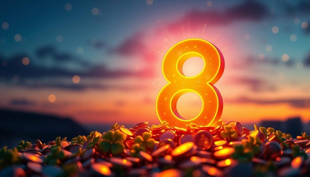A visually captivating scene depicting the number 8 as a focal point, prominently displayed in the foreground. The number glows softly, surrounded by a radiant aura of warm gold and vibrant red hues, symbolizing luck and prosperity. In the middle ground, create a harmonious blend of elements like four-leaf clovers, horseshoes, and sparkling coins, all signifying good fortune. The background features a serene twilight sky transitioning from deep blue to lighter shades, with twinkling stars adding a touch of magic. Utilize soft-focused lighting to create an inviting, whimsical atmosphere, suggesting hope and curiosity. The entire composition is framed with gentle bokeh, emphasizing the central number, inviting the viewer to ponder its significance in different cultures. A visually captivating scene depicting the number 8 as a focal point, prominently displayed in the foreground. The number glows softly, surrounded by a radiant aura of warm gold and vibrant red hues, symbolizing luck and prosperity. In the middle ground, create a harmonious blend of elements like four-leaf clovers, horseshoes, and sparkling coins, all signifying good fortune. The background features a serene twilight sky transitioning from deep blue to lighter shades, with twinkling stars adding a touch of magic. Utilize soft-focused lighting to create an inviting, whimsical atmosphere, suggesting hope and curiosity. The entire composition is framed with gentle bokeh, emphasizing the central number, inviting the viewer to ponder its significance in different cultures.