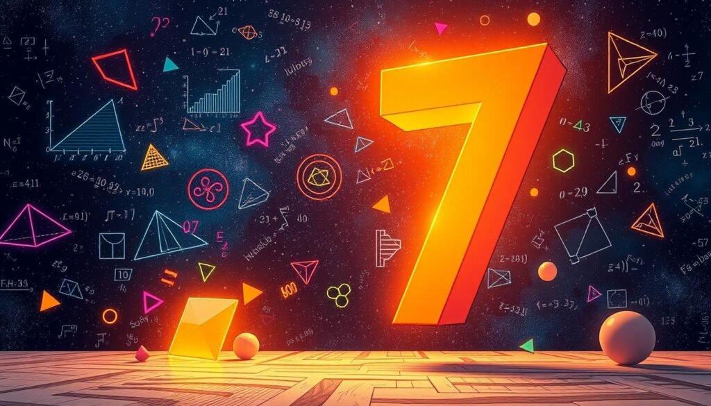 A visually captivating scene exploring the mathematical significance of the number 7. In the foreground, a large, stylized number 7, crafted from geometric shapes like triangles and circles, glows slightly to emphasize its importance. Surrounding the number, colorful mathematical symbols and equations float, hinting at the concepts behind its luck. In the middle ground, mathematical diagrams and graphs appear, blending seamlessly into an abstract backdrop of a starry night sky, symbolizing mystery and the universe's wonders. The lighting is soft yet vibrant, casting a warm glow over the composition, invoking curiosity and intrigue. The mood is celebratory and enlightening, inviting viewers to explore the enchanting world of the number 7 through its fun and intriguing mathematical facts. A visually captivating scene exploring the mathematical significance of the number 7. In the foreground, a large, stylized number 7, crafted from geometric shapes like triangles and circles, glows slightly to emphasize its importance. Surrounding the number, colorful mathematical symbols and equations float, hinting at the concepts behind its luck. In the middle ground, mathematical diagrams and graphs appear, blending seamlessly into an abstract backdrop of a starry night sky, symbolizing mystery and the universe's wonders. The lighting is soft yet vibrant, casting a warm glow over the composition, invoking curiosity and intrigue. The mood is celebratory and enlightening, inviting viewers to explore the enchanting world of the number 7 through its fun and intriguing mathematical facts.