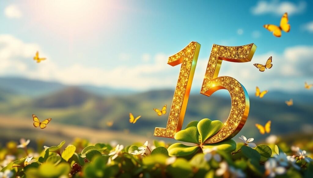 A visually captivating scene illustrating the concept of the number 15 as a lucky number. In the foreground, a large, stylized number "15" made of shimmering gold and green hues, symbolizing prosperity and luck, sits atop a lush, vibrant four-leaf clover. Surrounding this, small, delicate butterflies flutter, enhancing the theme of positive energy. In the middle ground, a softly glowing aura radiates from the number, creating an ethereal effect. The background features a serene, blurred landscape with rolling hills under a clear blue sky, suggesting tranquility and hopeful possibilities. The lighting is warm and inviting, casting a gentle glow that conveys a sense of optimism and wonder. The overall mood is uplifting and magical, perfect for exploring the significance of the number 15.