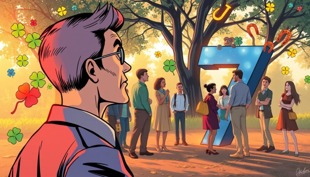 A visually captivating scene illustrating the psychology behind why people choose the number seven. In the foreground, a thoughtful adult in professional attire is casting a contemplative gaze at an oversized, vibrant number seven surrounded by colorful symbols of luck like four-leaf clovers and horseshoes. In the middle ground, a diverse group of people of various ages and ethnicities engage in conversation, sharing their thoughts about the significance of seven, reflecting joy and curiosity. The background features a serene environment with soft, warm lighting filtering through trees, creating an inviting atmosphere. The composition should capture an overall mood of fascination and exploration, hinting at the deep-rooted cultural significance of the number seven while remaining visually appealing and engaging. A visually captivating scene illustrating the psychology behind why people choose the number seven. In the foreground, a thoughtful adult in professional attire is casting a contemplative gaze at an oversized, vibrant number seven surrounded by colorful symbols of luck like four-leaf clovers and horseshoes. In the middle ground, a diverse group of people of various ages and ethnicities engage in conversation, sharing their thoughts about the significance of seven, reflecting joy and curiosity. The background features a serene environment with soft, warm lighting filtering through trees, creating an inviting atmosphere. The composition should capture an overall mood of fascination and exploration, hinting at the deep-rooted cultural significance of the number seven while remaining visually appealing and engaging.
