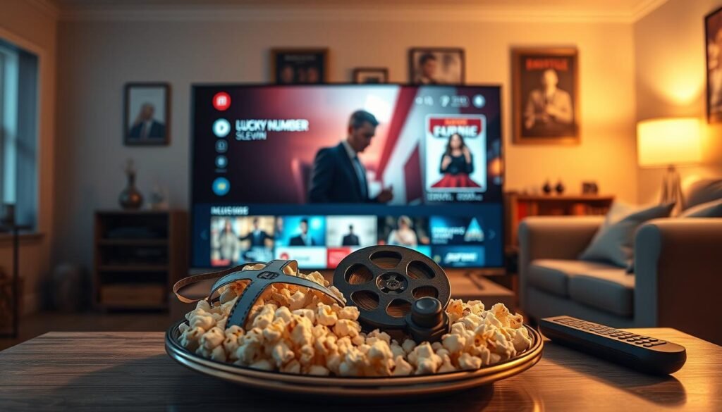 A visually captivating scene showcasing the essence of "Lucky Number Slevin," focusing on a stylish and modern streaming interface displayed on a sleek, high-resolution TV screen in the foreground. In the middle, include a platter of cinematic elements like a film reel, popcorn, and a remote control, symbolizing the movie-watching experience. The background features a cozy living room setting with warm lighting, a comfortable sofa, and subtle movie posters, creating an inviting atmosphere for viewers. The room should have a contemporary design, with hints of urban sophistication. Aim for a balanced composition that conveys excitement and anticipation, embodying the movie's intriguing themes. Use a warm color palette to enhance the cozy, engaging mood, inviting viewers to explore the film. A visually captivating scene showcasing the essence of "Lucky Number Slevin," focusing on a stylish and modern streaming interface displayed on a sleek, high-resolution TV screen in the foreground. In the middle, include a platter of cinematic elements like a film reel, popcorn, and a remote control, symbolizing the movie-watching experience. The background features a cozy living room setting with warm lighting, a comfortable sofa, and subtle movie posters, creating an inviting atmosphere for viewers. The room should have a contemporary design, with hints of urban sophistication. Aim for a balanced composition that conveys excitement and anticipation, embodying the movie's intriguing themes. Use a warm color palette to enhance the cozy, engaging mood, inviting viewers to explore the film.