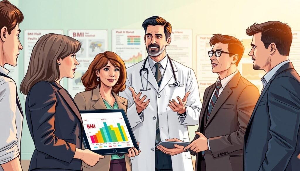 A visually compelling illustration depicting the relationship between BMI and health, centered around a diverse group of individuals in professional business attire. In the foreground, a middle-aged woman and a young man are discussing BMI results with a digital tablet displaying a colorful BMI chart. In the middle ground, a healthcare professional, a male in a lab coat, is explaining the significance of BMI with expressive gestures. The background features a soft-focus clinical setting, with charts and posters related to healthy living. The lighting is warm and inviting, creating a sense of hope and encouragement. The scene captures a positive atmosphere, emphasizing health awareness and proactive lifestyle choices, with a lens angle that gives depth to the interactions among the characters.