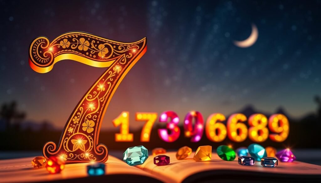 A visually enchanting composition illustrating the concept of "Lucky Number Significance." In the foreground, a large, ornate number 7, intricately designed with vibrant patterns and symbols associated with luck, like horseshoes and four-leaf clovers. The middle ground features an array of colorful gemstones, each representing different lucky numbers, softly illuminated to enhance their brilliance. In the background, a serene night sky filled with twinkling stars and a faint crescent moon creates a mystical ambiance. The scene is bathed in a soft, warm light that radiates a feeling of hope and enchantment. Capture the essence of wonder and positivity with a focus on clarity and detail, using a shallow depth of field to highlight the foreground elements. A visually enchanting composition illustrating the concept of "Lucky Number Significance." In the foreground, a large, ornate number 7, intricately designed with vibrant patterns and symbols associated with luck, like horseshoes and four-leaf clovers. The middle ground features an array of colorful gemstones, each representing different lucky numbers, softly illuminated to enhance their brilliance. In the background, a serene night sky filled with twinkling stars and a faint crescent moon creates a mystical ambiance. The scene is bathed in a soft, warm light that radiates a feeling of hope and enchantment. Capture the essence of wonder and positivity with a focus on clarity and detail, using a shallow depth of field to highlight the foreground elements.