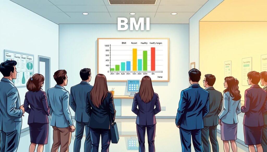 A visually engaging and educational illustration depicting the concept of Body Mass Index (BMI). In the foreground, a diverse group of individuals, dressed in professional business attire, stand together, looking towards a large digital display showing a graph of BMI categories, with arrows pointing to healthy ranges. In the middle ground, a bright, modern clinic environment featuring a BMI calculator and health-related posters on the walls. The background includes soft, diffused lighting that creates a welcoming atmosphere, emphasizing the importance of health awareness. The scene captures a sense of curiosity and engagement, making it clear that understanding BMI is essential for maintaining a healthy lifestyle. Use a wide-angle lens to encompass the entire scene, ensuring all aspects are clearly visible. A visually engaging and educational illustration depicting the concept of Body Mass Index (BMI). In the foreground, a diverse group of individuals, dressed in professional business attire, stand together, looking towards a large digital display showing a graph of BMI categories, with arrows pointing to healthy ranges. In the middle ground, a bright, modern clinic environment featuring a BMI calculator and health-related posters on the walls. The background includes soft, diffused lighting that creates a welcoming atmosphere, emphasizing the importance of health awareness. The scene captures a sense of curiosity and engagement, making it clear that understanding BMI is essential for maintaining a healthy lifestyle. Use a wide-angle lens to encompass the entire scene, ensuring all aspects are clearly visible.