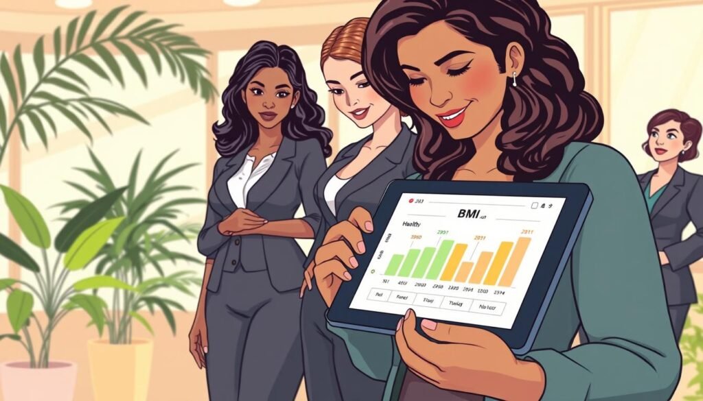 A visually engaging and educational illustration representing Body Mass Index (BMI). In the foreground, depict a diverse group of women of varying body types, dressed in professional business attire, engaging with a digital tablet that displays a BMI calculator. In the middle ground, include stylized charts and graphs showing BMI ranges, with soft pastel colors to indicate health categories. The background should feature a serene, softly lit office environment with plants and natural light filtering through a window to create an inviting atmosphere. The angle should be slightly tilted downwards to emphasize the interaction with the tablet, conveying a sense of empowerment and knowledge. Focus on a warm, positive mood that inspires confidence in managing health.
