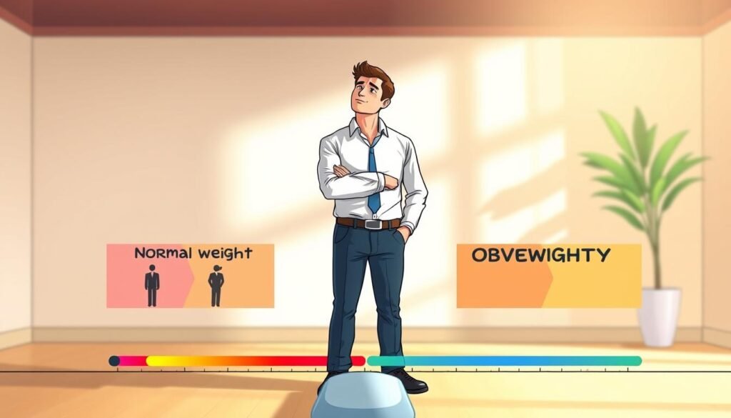 A visually engaging and informative illustration depicting the various BMI categories. In the foreground, a clear and easy-to-read scale with color-coded sections representing Underweight, Normal weight, Overweight, and Obesity, each marked with simple icons such as silhouettes of individuals in professional business attire. The middle layer features a male figure, dressed in smart casual clothing, standing confidently next to the scale, with a thoughtful expression, as he reviews his body mass index. In the background, soft gradients transition from warm to cool tones, suggesting a calming atmosphere. Natural light filters in, creating a welcoming setting, while the camera angle provides a slightly elevated view, emphasizing the scale's importance. The overall mood is informative, encouraging, and relatable, aimed at making the BMI concept approachable.