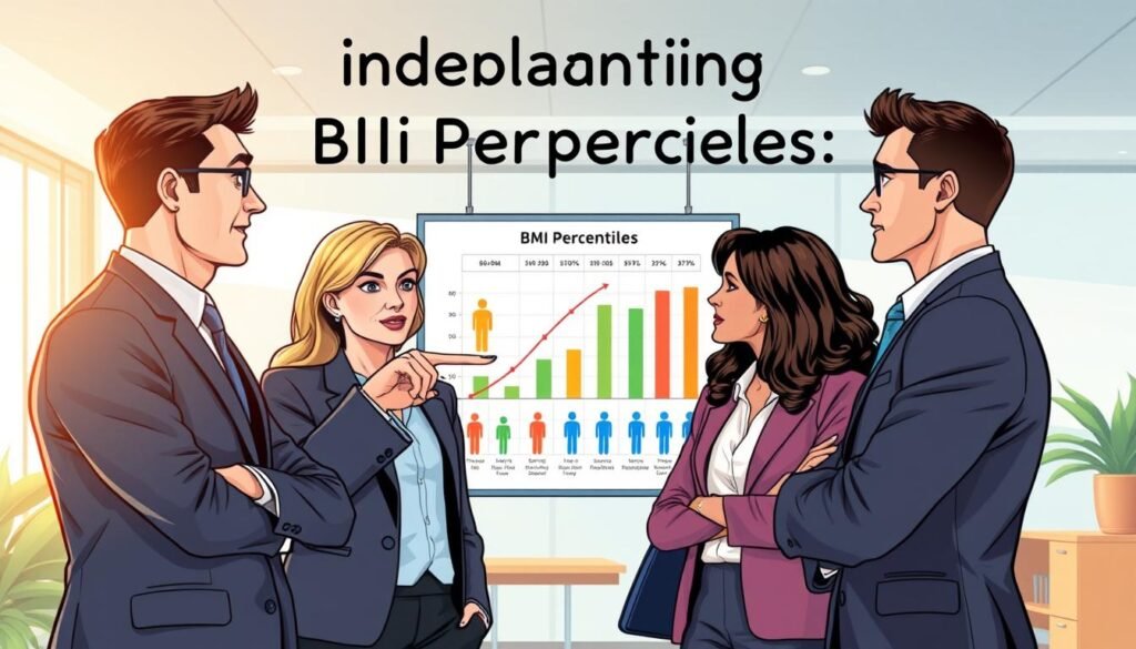 A visually engaging and informative illustration depicting understanding BMI percentiles. In the foreground, a diverse group of well-dressed professionals—a male and female in business attire—are gathered around a large chart displaying BMI percentiles, pointing and discussing passionately. In the middle ground, the chart is detailed, featuring colorful graphs and percentage ranges, with human figures representing different BMI categories. In the background, a modern office environment with soft, natural lighting that emphasizes a sense of collaboration and learning. The atmosphere conveys curiosity and insight, inviting viewers to engage with the information presented, while ensuring all subjects are depicted respectfully and professionally. A visually engaging and informative illustration depicting understanding BMI percentiles. In the foreground, a diverse group of well-dressed professionals—a male and female in business attire—are gathered around a large chart displaying BMI percentiles, pointing and discussing passionately. In the middle ground, the chart is detailed, featuring colorful graphs and percentage ranges, with human figures representing different BMI categories. In the background, a modern office environment with soft, natural lighting that emphasizes a sense of collaboration and learning. The atmosphere conveys curiosity and insight, inviting viewers to engage with the information presented, while ensuring all subjects are depicted respectfully and professionally.