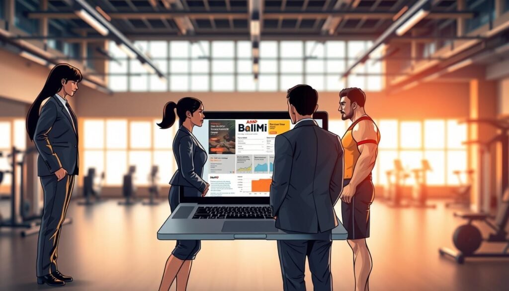 A visually engaging composition delving into body composition and the limitations of BMI. In the foreground, a diverse group of three individuals in professional business attire stands together, each depicting different body types: one tall and slender, another of average build, and a third with a muscular frame, all appearing thoughtful. The middle layer includes an open laptop displaying the AARP BMI Calculator website, with a modern, sleek design. In the background, a softly blurred gym setting with exercise equipment symbolizes fitness and health, illuminated by warm, natural light filtering through large windows. The atmosphere is informative and reflective, inviting viewers to contemplate the nuances of body composition beyond standard BMI metrics. A visually engaging composition delving into body composition and the limitations of BMI. In the foreground, a diverse group of three individuals in professional business attire stands together, each depicting different body types: one tall and slender, another of average build, and a third with a muscular frame, all appearing thoughtful. The middle layer includes an open laptop displaying the AARP BMI Calculator website, with a modern, sleek design. In the background, a softly blurred gym setting with exercise equipment symbolizes fitness and health, illuminated by warm, natural light filtering through large windows. The atmosphere is informative and reflective, inviting viewers to contemplate the nuances of body composition beyond standard BMI metrics.