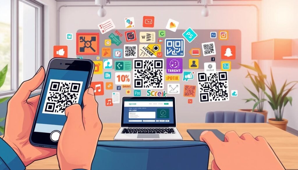 A visually engaging composition illustrating the concept of QR codes and their benefits. In the foreground, a smartphone displays a prominently featured QR code, with hands scanning it. In the middle, an array of vibrant and creative QR codes emerges, showcasing various designs and applications such as marketing, event tickets, and product information. The background is filled with a modern office setting, featuring a desk with a laptop open to a QR code generator website. Soft, natural lighting illuminates the scene, creating a warm and inviting atmosphere. The angle captures both the QR codes and the workspace, emphasizing innovation and accessibility. A visually engaging composition illustrating the concept of QR codes and their benefits. In the foreground, a smartphone displays a prominently featured QR code, with hands scanning it. In the middle, an array of vibrant and creative QR codes emerges, showcasing various designs and applications such as marketing, event tickets, and product information. The background is filled with a modern office setting, featuring a desk with a laptop open to a QR code generator website. Soft, natural lighting illuminates the scene, creating a warm and inviting atmosphere. The angle captures both the QR codes and the workspace, emphasizing innovation and accessibility.