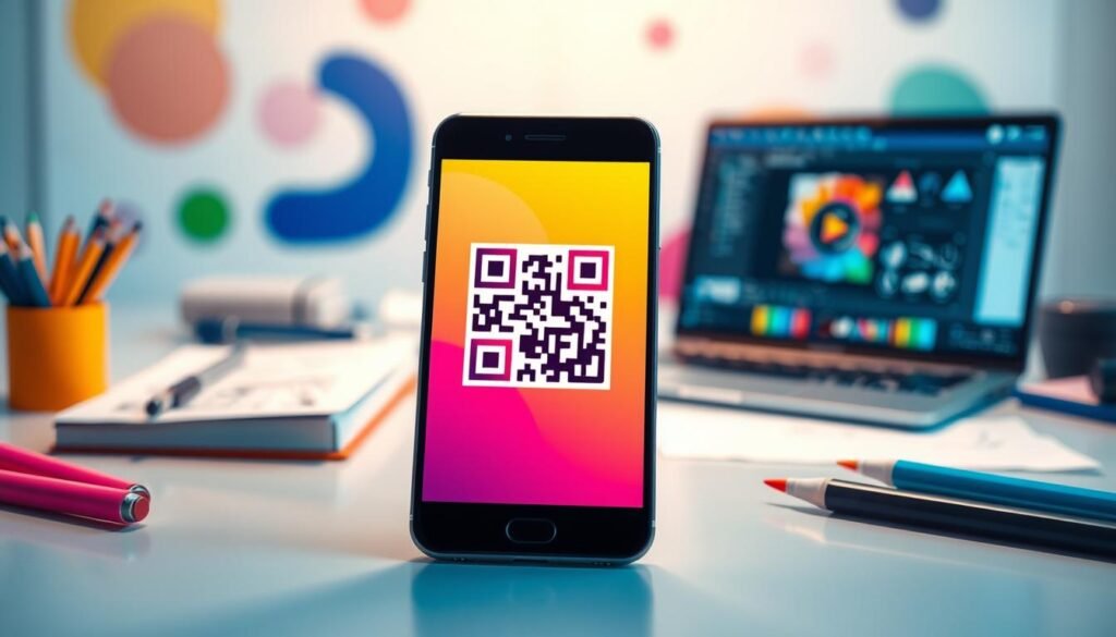 A visually engaging composition showcasing design tips for enhancing QR code logos. In the foreground, a sleek smartphone displays a vibrant QR code logo integrated with artistic elements like colorful gradients and subtle patterns. The middle ground features a neatly arranged workspace, with design tools such as a sketchpad, colored markers, and a laptop showing design software. The background has soft, blurred creative elements, such as abstract shapes and colors that inspire creativity. The lighting is bright and inviting, with a slight emphasis on the QR code to ensure it stands out. The atmosphere exudes innovation and professionalism, ideal for graphic designers looking to create eye-catching and functional logos. The entire image is polished, inviting viewers to consider how to make QR codes visually appealing, yet scannable.