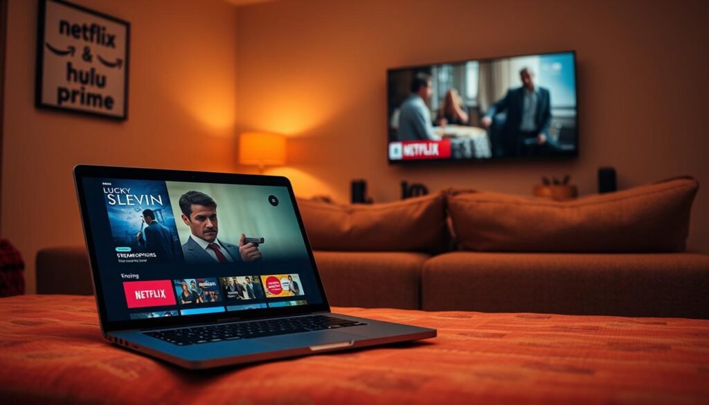 A visually engaging composition showcasing the streaming options for "Lucky Number Slevin." In the foreground, depict a stylish laptop displaying a vibrant digital interface of streaming services with the movie poster subtly featured in the background. The middle layer includes a cozy living room setup, featuring a plush sofa and a warm ambiance illuminated by soft, inviting lighting. In the background, a wall-mounted TV screens the movie's iconic scenes, with streaming logos like Netflix, Hulu, and Amazon Prime visible around it. Use a warm color palette to create a welcoming atmosphere that invites viewers to explore their streaming options. Maintain angles that suggest depth, with a slight tilt to emphasize the laptop screen. The overall mood should be cozy and engaging, appealing to film enthusiasts looking for viewing options. A visually engaging composition showcasing the streaming options for "Lucky Number Slevin." In the foreground, depict a stylish laptop displaying a vibrant digital interface of streaming services with the movie poster subtly featured in the background. The middle layer includes a cozy living room setup, featuring a plush sofa and a warm ambiance illuminated by soft, inviting lighting. In the background, a wall-mounted TV screens the movie's iconic scenes, with streaming logos like Netflix, Hulu, and Amazon Prime visible around it. Use a warm color palette to create a welcoming atmosphere that invites viewers to explore their streaming options. Maintain angles that suggest depth, with a slight tilt to emphasize the laptop screen. The overall mood should be cozy and engaging, appealing to film enthusiasts looking for viewing options.