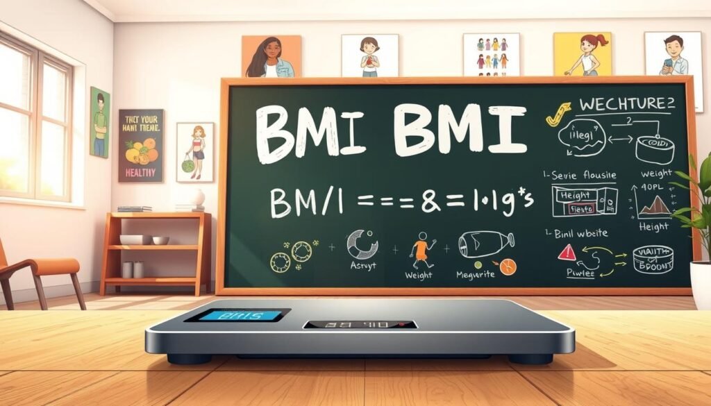 A visually engaging illustration breaking down the BMI formula. In the foreground, a sleek scale with a measuring tape and a digital display showing BMI numbers. In the middle ground, an oversized chalkboard with the BMI formula (BMI = weight (kg) / height (m)^2) written out in clear, bold chalk, alongside colorful diagrams illustrating weight and height measurement concepts. The background features a bright, modern health studio with motivational posters depicting healthy lifestyles. Soft, natural lighting streams in from a window, creating a warm, inviting atmosphere. The image exudes a sense of professionalism, making it ideal for educational content while focusing on clarity and detail in the depiction of the BMI formula. A visually engaging illustration breaking down the BMI formula. In the foreground, a sleek scale with a measuring tape and a digital display showing BMI numbers. In the middle ground, an oversized chalkboard with the BMI formula (BMI = weight (kg) / height (m)^2) written out in clear, bold chalk, alongside colorful diagrams illustrating weight and height measurement concepts. The background features a bright, modern health studio with motivational posters depicting healthy lifestyles. Soft, natural lighting streams in from a window, creating a warm, inviting atmosphere. The image exudes a sense of professionalism, making it ideal for educational content while focusing on clarity and detail in the depiction of the BMI formula.