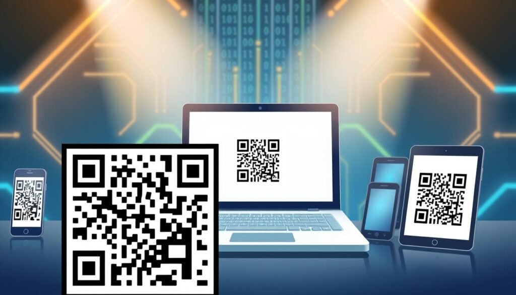A visually engaging illustration depicting a QR code in the foreground, prominently displaying its complex black and white pattern. Surrounding the QR code are various digital devices like smartphones and tablets, showcasing their screens scanning the code. In the middle ground, a simple QR code generator interface is presented on a laptop screen, featuring user-friendly buttons and a clean design. The background features an abstract representation of digital information flow, with glowing lines and binary code to emphasize technology. Soft, focused lighting highlights the QR code and devices, creating a tech-savvy and inviting atmosphere. The overall mood conveys convenience, innovation, and accessibility in digital technology. A visually engaging illustration depicting a QR code in the foreground, prominently displaying its complex black and white pattern. Surrounding the QR code are various digital devices like smartphones and tablets, showcasing their screens scanning the code. In the middle ground, a simple QR code generator interface is presented on a laptop screen, featuring user-friendly buttons and a clean design. The background features an abstract representation of digital information flow, with glowing lines and binary code to emphasize technology. Soft, focused lighting highlights the QR code and devices, creating a tech-savvy and inviting atmosphere. The overall mood conveys convenience, innovation, and accessibility in digital technology.