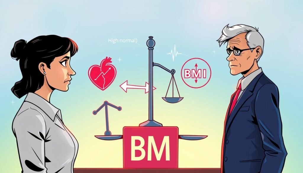 A visually engaging illustration depicting health risks associated with high and low Body Mass Index (BMI). In the foreground, display two human figures in professional business attire: one person representing high BMI, with an expression of concern, and the other representing low BMI, appearing fragile yet alert. In the middle ground, include health icons such as a heart with an arrow through it for cardiovascular risks and a scale showing normal BMI, creating a striking visual contrast. The background should feature a soothing gradient of blue and green to evoke a sense of health and wellness, paired with soft lighting to highlight the figures. The overall atmosphere should be informative yet balanced, promoting awareness and understanding of BMI implications without being alarming.