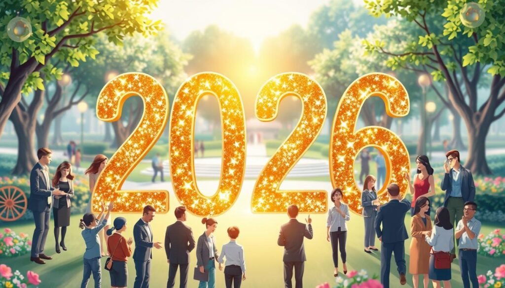 A visually engaging illustration depicting the concept of "2026 relationships lucky number." In the foreground, a glowing, abstract four-digit number "2026" is artistically crafted using shimmering gold and vibrant greens, symbolizing luck and prosperity. Surrounding it, diverse groups of people in professional attire are engaged in warm, friendly interactions, such as sharing meaningful conversations or exchanging gestures of kindness, reflecting the theme of relationships and family. In the middle ground, soft, radiant light illuminates the scene, creating an inviting atmosphere. The background features a serene park with lush greenery and colorful flowers, enhancing the sense of harmony and love. Utilize a soft focus lens to capture the emotional warmth and positive energy of the scene, with a gentle bokeh effect around the edges for a dreamy quality. A visually engaging illustration depicting the concept of "2026 relationships lucky number." In the foreground, a glowing, abstract four-digit number "2026" is artistically crafted using shimmering gold and vibrant greens, symbolizing luck and prosperity. Surrounding it, diverse groups of people in professional attire are engaged in warm, friendly interactions, such as sharing meaningful conversations or exchanging gestures of kindness, reflecting the theme of relationships and family. In the middle ground, soft, radiant light illuminates the scene, creating an inviting atmosphere. The background features a serene park with lush greenery and colorful flowers, enhancing the sense of harmony and love. Utilize a soft focus lens to capture the emotional warmth and positive energy of the scene, with a gentle bokeh effect around the edges for a dreamy quality.