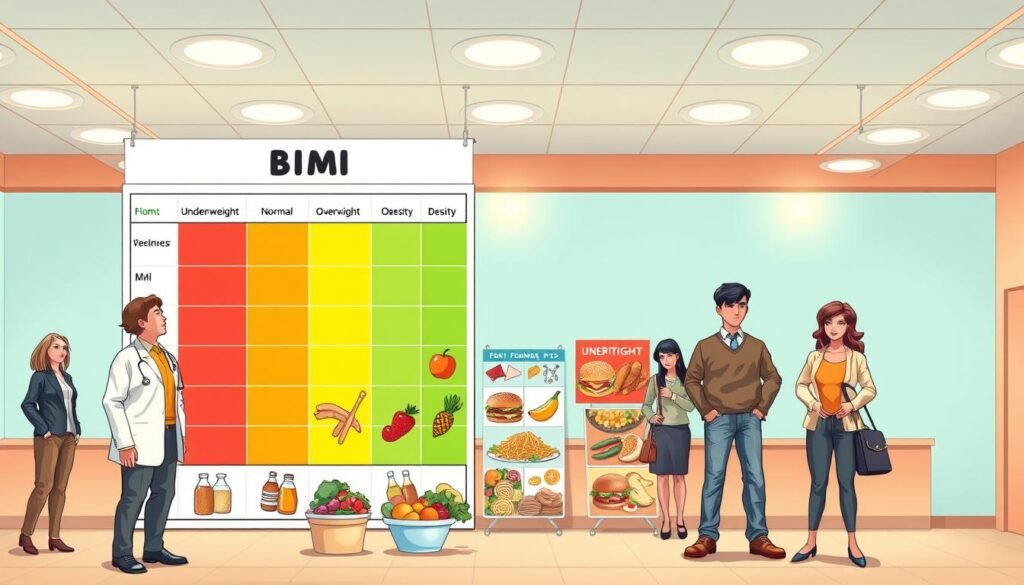 A visually engaging illustration depicting the concept of BMI categories. In the foreground, a diverse group of adults in professional attire stand beside a large, colorful chart displaying BMI categories like underweight, normal weight, overweight, and obesity, with visual representations for each category. In the middle ground, visual examples of healthy and unhealthy food choices, such as fruits and vegetables versus fast food, subtly relate to the themes of health and wellness. In the background, a soft-focus setting that suggests a friendly clinic or wellness center environment with warm lighting emanating from ceiling fixtures. The overall mood should be informative yet uplifting, creating an inviting atmosphere for individuals seeking to understand their health metrics.