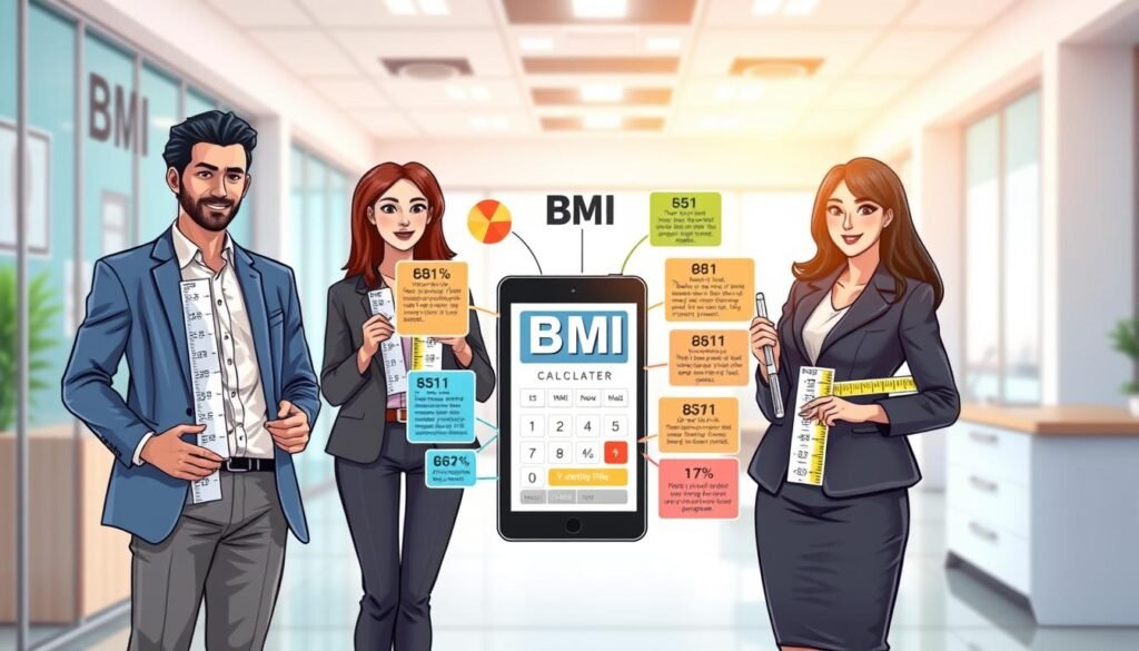 A visually engaging illustration depicting the concept of Body Mass Index (BMI) for educational purposes. In the foreground, a diverse group of three individuals dressed in professional business attire stands together, each holding BMI measurement charts. In the middle ground, a digital BMI calculator is displayed on a sleek tablet, surrounded by colorful, informative infographics highlighting BMI categories and healthy lifestyle tips. The background features a soft-focus clinic environment with calming colors. Bright, natural lighting emphasizes a friendly atmosphere, creating a sense of empowerment and knowledge. The overall mood is optimistic and educational, encouraging viewers to understand their health better through BMI.