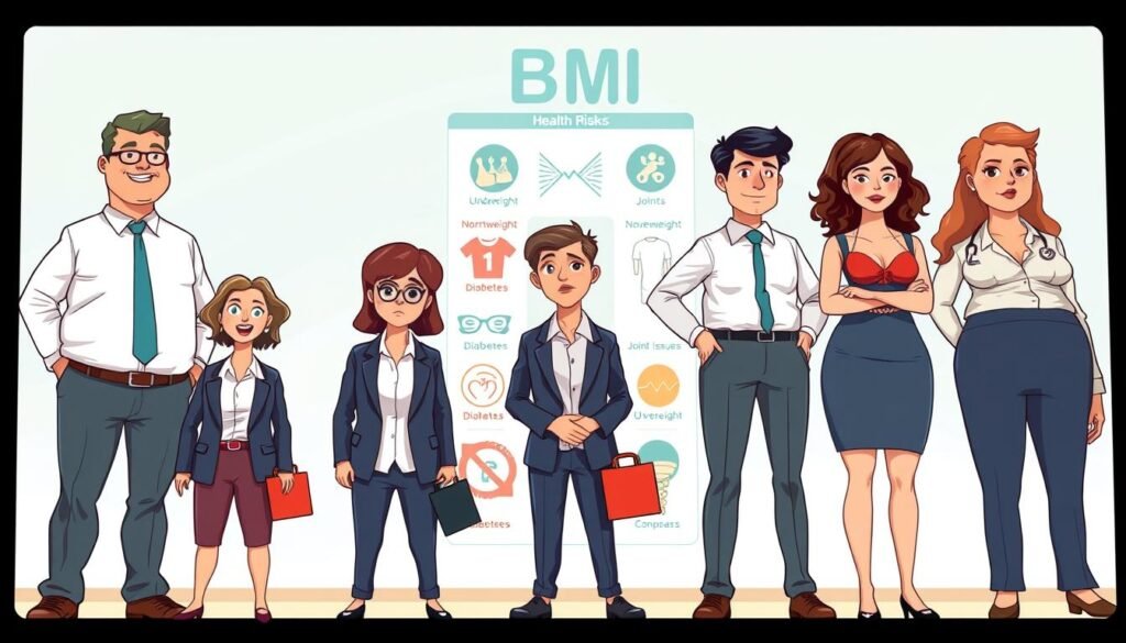 A visually engaging illustration depicting the health risks associated with different BMI levels. In the foreground, a diverse group of individuals wearing professional business attire are positioned at varying heights to symbolize a spectrum of BMI categories—underweight, normal weight, overweight, and obesity. Each person displays subtle body language indicative of confidence or concern. In the middle, there are infographic elements like icons representing health risks, such as heart disease, diabetes, and joint issues. The background features a soft gradient of calming blues and greens, suggesting a healthy lifestyle. The lighting is bright and inviting, simulating natural daylight, while the composition is captured with a slight bird's-eye angle to maintain a dynamic perspective. The overall mood is educational and serious yet hopeful, encouraging healthy awareness.