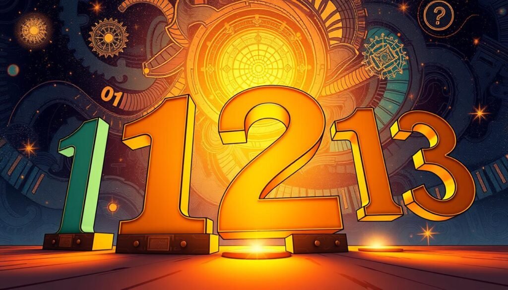A visually engaging illustration featuring the number 12 prominently in the foreground, flanked by its neighboring numbers 11 and 13 on either side. All numbers should be styled to evoke a sense of personality, with 12 having a warm golden hue to signify luck, while 11 and 13 exhibit cooler tones. In the middle ground, a rich, abstract background composed of swirling patterns and cosmic elements denotes mystery and significance attached to numbers. Soft lighting casts ethereal glows around the numbers, enhancing their prominence and creating a suitable atmosphere. The angle should be slightly low, giving a sense of grandeur, as if the viewer is marveling at these numbers. Keep the overall mood inquisitive and enchanting, reflecting the exploration of numerology and luck without any text or additional elements.